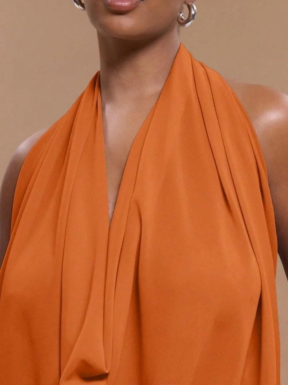 Orange Elegant Women's Plus Size Chiffon Halter Neck Backless Draped Top